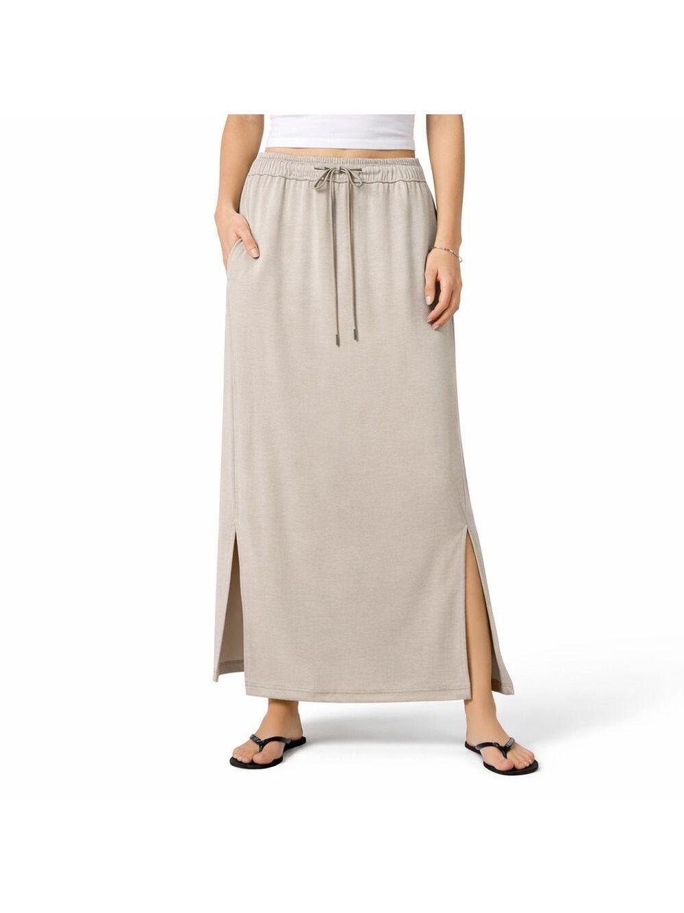 QIXING Stretch Poly Modal Blend Maxi Skirt in Beige Side Pockets Slits at Hem 2X